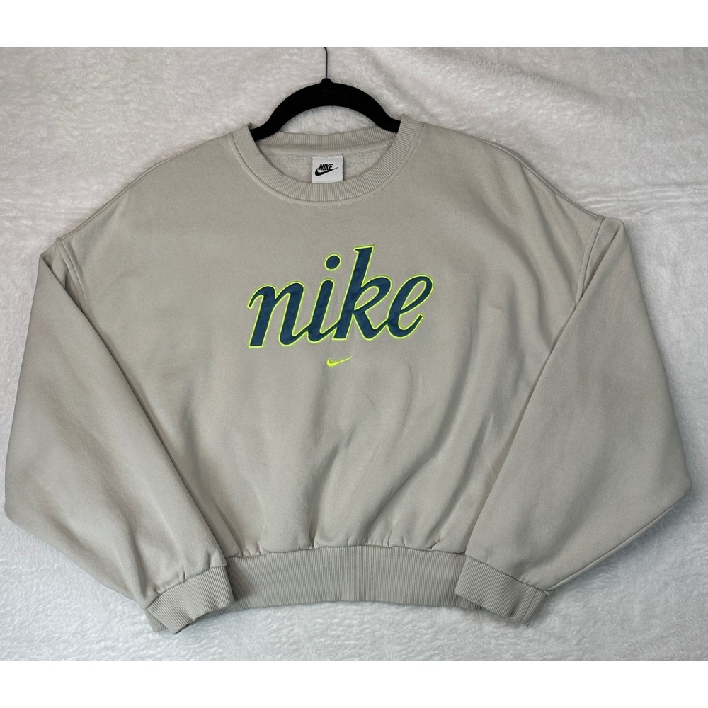 Nike Sweatshirt Womens Large Beige Neon Green Script Logo Cropped Crewneck